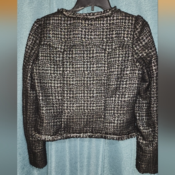 APT.9 Black Herringbone Raw Fringe Edge Crop Jacket Long Sleeve Size S Full Zip - Picture 12 of 14